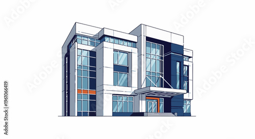 Modern geometric office building with blue, white and orange accents