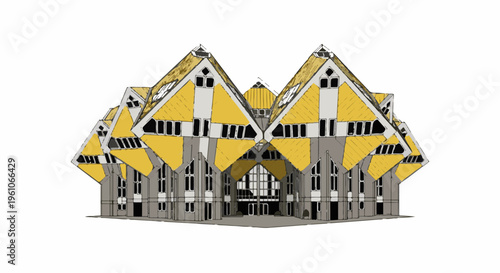 Modern geometric yellow cube-shaped buildings with angled roofs and windows