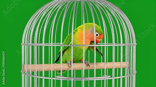 A vibrant green and orange bird sits perched on a wooden dowel inside a silver birdcage