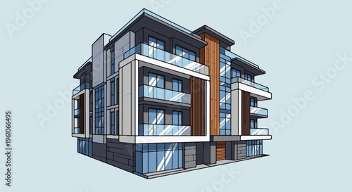 Modern multi-story building with glass balconies and wood accents