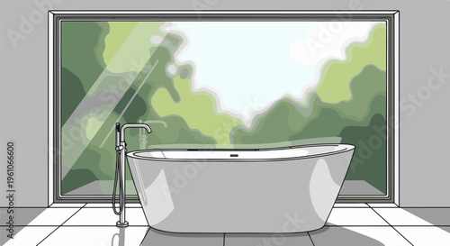Modern white bathtub and floor tiles with a large window overlooking trees