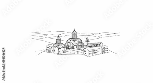 Monastic complex with multiple domed structures in a hilly landscape