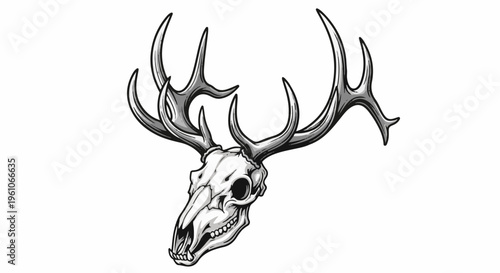 Monochrome illustration of a detailed stag skull with large, branching antlers
