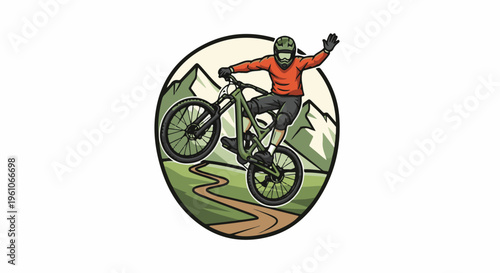 Mountain biker in mid-air on a dirt track, raising a hand