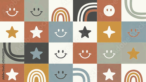 Colorful grid of twenty playful squares with smiley faces, stars, rainbows on white backdrop