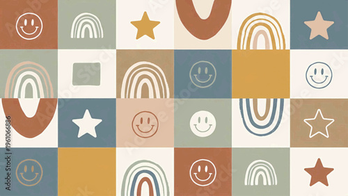 Playful Grid of Smiley Stars Arches Rainbows in Colorful Squares