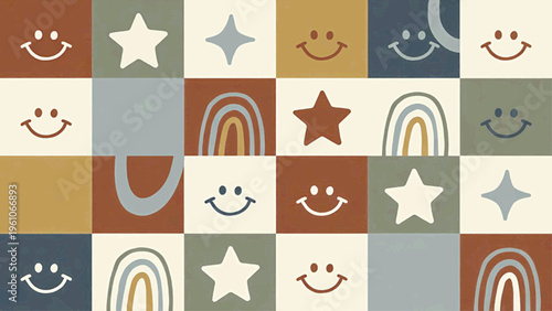 Cheerful checkerboard of smiley stars rainbows in earthy tones for kids decor