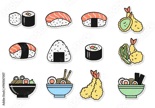 Grid of twelve playful cartoon sushi and noodle dish icons on white background