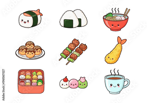 Playful cartoon sushi ramen bento onigiri tempura meatballs fish pastry coffee mug grid