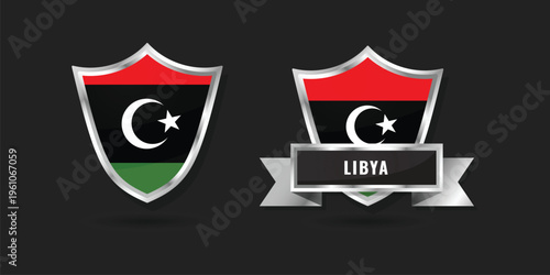 Tableau sur toile High-quality 3D metallic shield and ribbon featuring the national flag of Libya