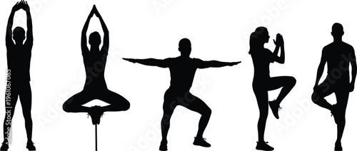 Black silhouettes of people practicing yoga and fitness exercises in various balance poses isolated on white background, vector set, workout