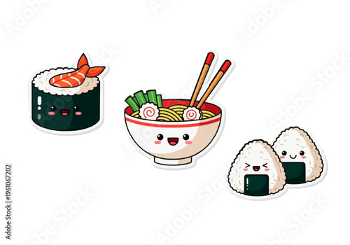 Playful cartoon sushi ramen onigiri trio smiling on white backdrop