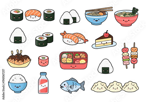 Playful cartoon sushi gang with smiling sashimi and rice bowls on white