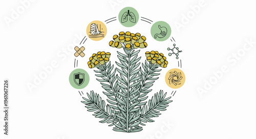 Medicinal plant with symbols for health, protection, and cellular structure