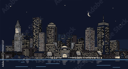 Pixelated city skyline illuminated at night by many bright windows and a crescent moon