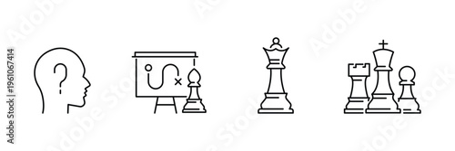 Chess strategic planning icon set featuring human thinking head board game strategy tactics queen king and rook vector illustration icons.