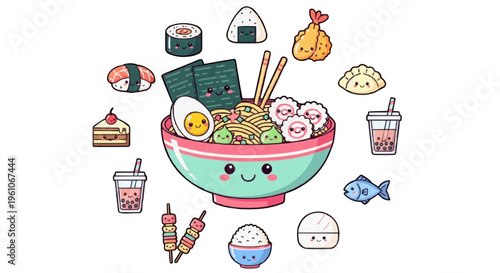 Playful circular layout of smiling ramen bowl with sushi dumplings tempura desserts