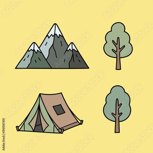 A colorful cartoon tent on a bright yellow background, perfect for a fun and adventurous vibe in marketing materials or social media posts.