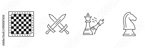 Chess strategy game icon set featuring pieces moves clock board and competitive elements in line art vector illustration.