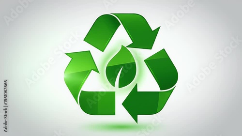 A 3D green recycling symbol with a leaf inside, on a white background