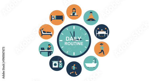 Daily Routine Infographic Illustration with Clock and Lifestyle Icons for Time Management and Healthy Habits