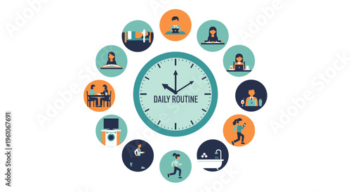 Daily Routine Infographic Illustration with Clock and Lifestyle Icons for Time Management and Productivity Planning