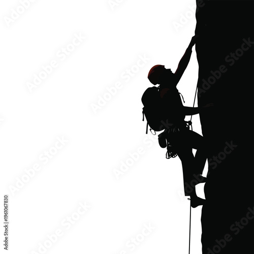 Outdoor adventure rock climbing silhouette with safety gear on white background