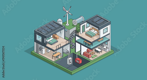 Isometric Sustainable Smart Home Illustration with Solar Panels, Wind Turbine, and Geothermal Energy System for Green Living