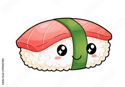 Cheerful cartoon sushi roll with smiling face and blushing cheeks on plain background