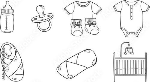 Hand-drawn Baby Essentials Icons Set Including Bottles, Pacifiers, Clothes, and Crib for Nursery, Parenting, and Baby Care Designs