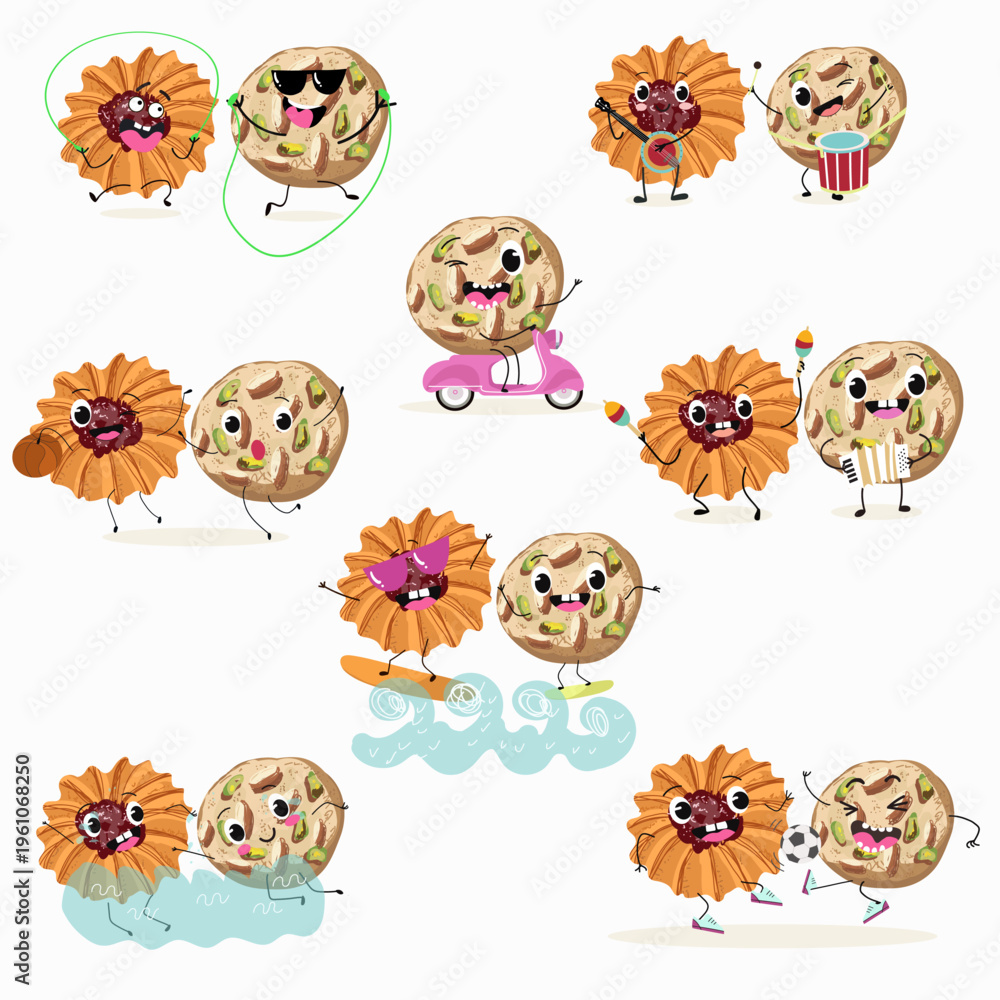 Fototapeta premium Funny Characters Kurabiye, Kurabie, Ghorayeba, Qurabiya, dessert, hand drawn vector illustration.
