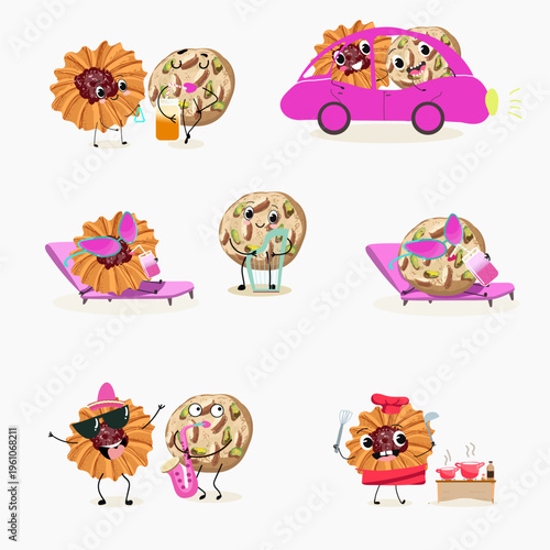 Funny Characters Kurabiye, Kurabie, Ghorayeba, Qurabiya, dessert, hand drawn vector illustration.