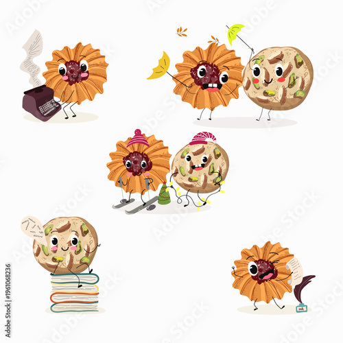 Funny Characters Kurabiye, Kurabie, Ghorayeba, Qurabiya, dessert, hand drawn vector illustration.