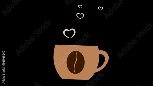 Animated coffee mug with coffee beans and hearts emerging from the mug. Animation on a transparent background with an alpha channel.
