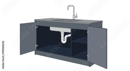 Modern Charcoal Grey Kitchen Sink Cabinet with Open Doors Showing Plumbing and Internal Shelving Illustration