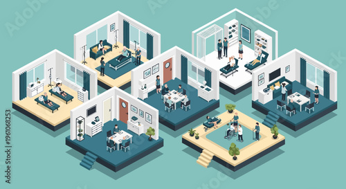 Isometric View of a Modern Nursing Home and Senior Living Facility with Various Specialized Care Rooms and Medical Services
