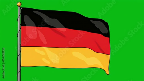 Waving flag with black, red, and yellow stripes on a green background