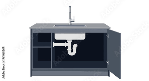 Kitchen Sink Cabinet Interior with Plumbing Drainage System, P-trap, and Faucet Illustration for Home Maintenance and DIY Concepts