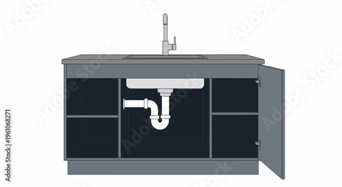 Modern Kitchen Sink Plumbing Diagram with Open Cabinet and P-Trap Drainage Illustration