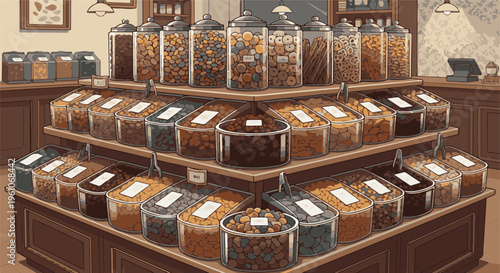 Pixel art illustration of a bulk food store with many bins of dry goods