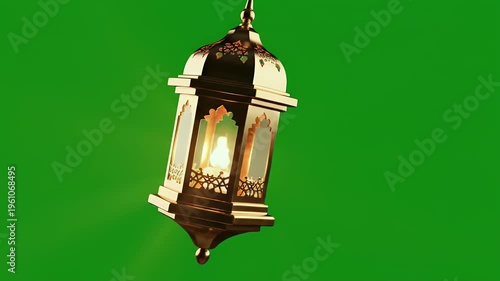 A hanging golden lantern with intricate designs glows warmly against a green background
