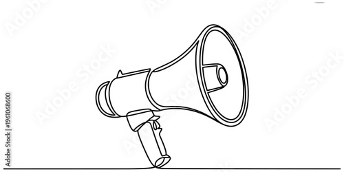 Single line drawing of a megaphone bullhorn isolated on white background for marketing concept Vector, illustration
