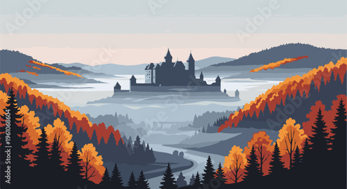 Pixel art landscape of a castle atop a misty mountain surrounded by autumn foliage