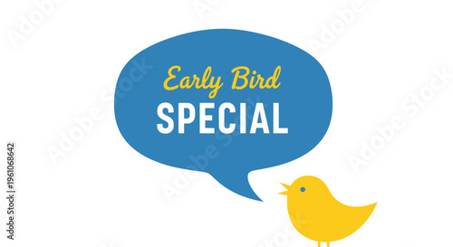 Early Bird Special Discount Promotion Banner with Yellow Bird and Blue Speech Bubble on White Background