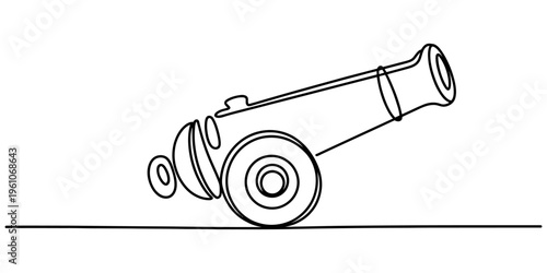 Single continuous line drawing of a vintage cannon on wheels for historical decoration Vector, illustration