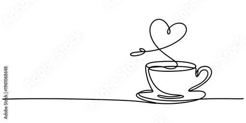 Minimalist continuous line drawing of a coffee cup with heart shaped steam on white background Vector, illustration