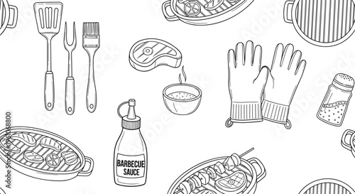 Hand-drawn Grilling Tools and BBQ Elements Set with Spatula, Gloves, Sauce, Skewers, and Grilled Food for Summer Cookouts and Recipes