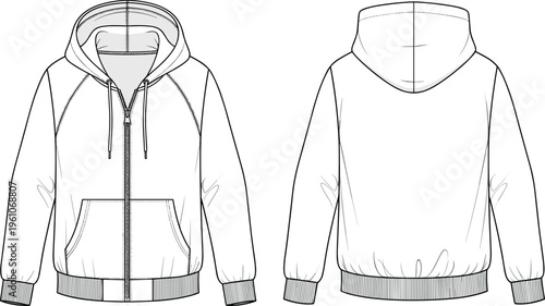 Technical flat sketch of a men's raglan zip up hoodie sweatshirt with kangaroo pockets and ribbed cuffs for fashion design.