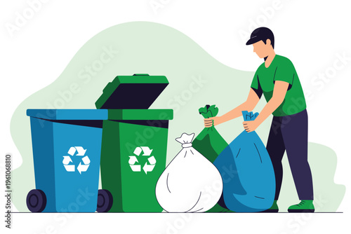 Man putting garbage in bin, flat design for clean up day, waste management, recycling and environmental protection concept
