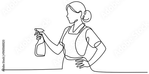 Continuous line drawing of a woman wearing an apron and holding a cleaning spray bottle Vector, illustration